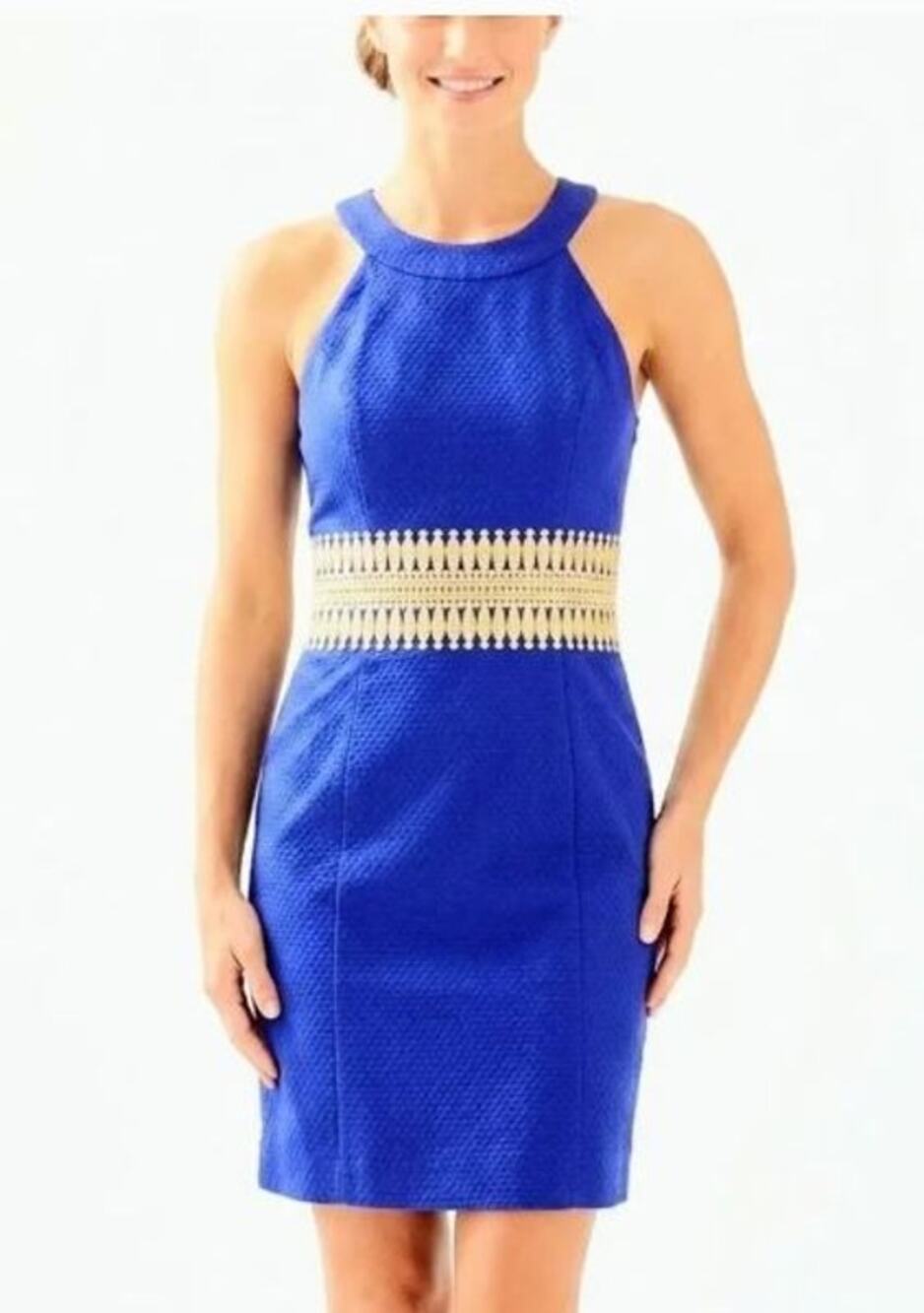 Lilly Pulitzer Ashlyn Shift Dress Halter Gold Embellishment Bomber Blue 4